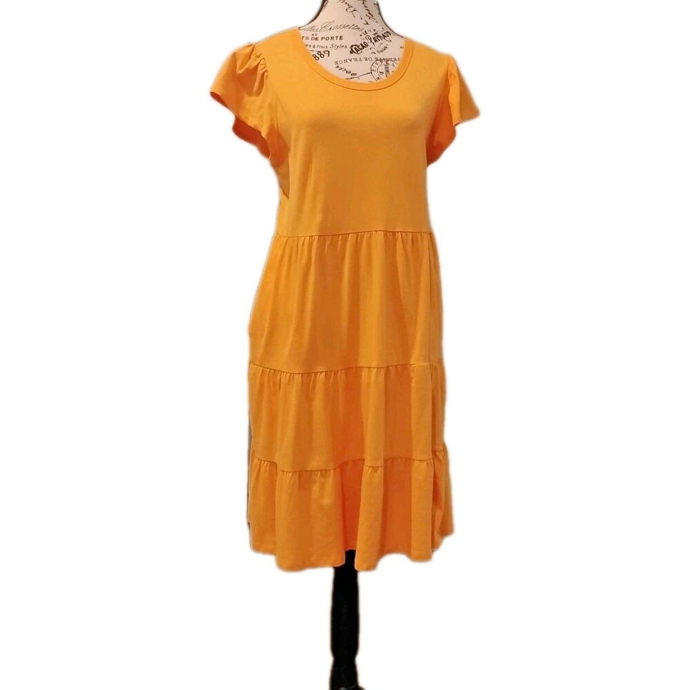Boho Mustard Yellow Midi Dress Women XS POCKET Soft Stretch Tiered Knit Everyday